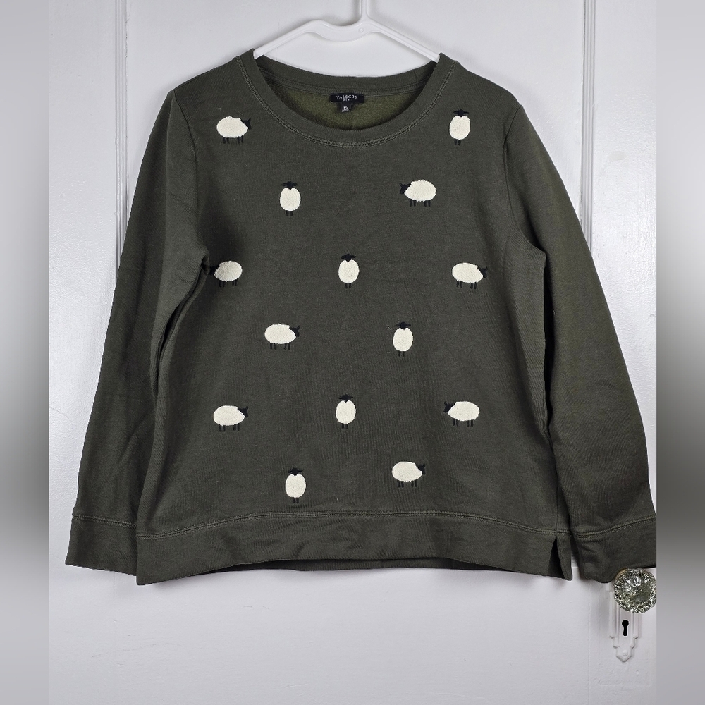 Talbots Olive Green Fuzzy Sheep Sweatshirt Medium Petite